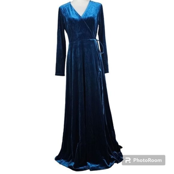 Lulus Jacinda Teal Velvet Wrap Maxi Dress M Whimsigoth Holiday Fairy Grunge - Picture 1 of 12